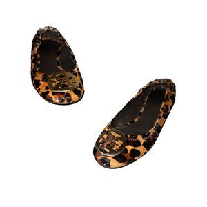 Tory Burch Womens Reva Ballet Flats Shoes Brown Leopard Calf Hair Medallion 6